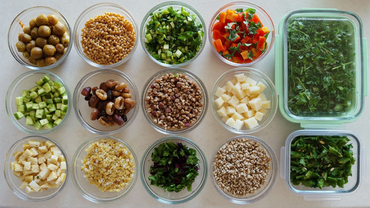 Meal-prep ingredients portioned into small bowls arranged in tidy rows on a counter