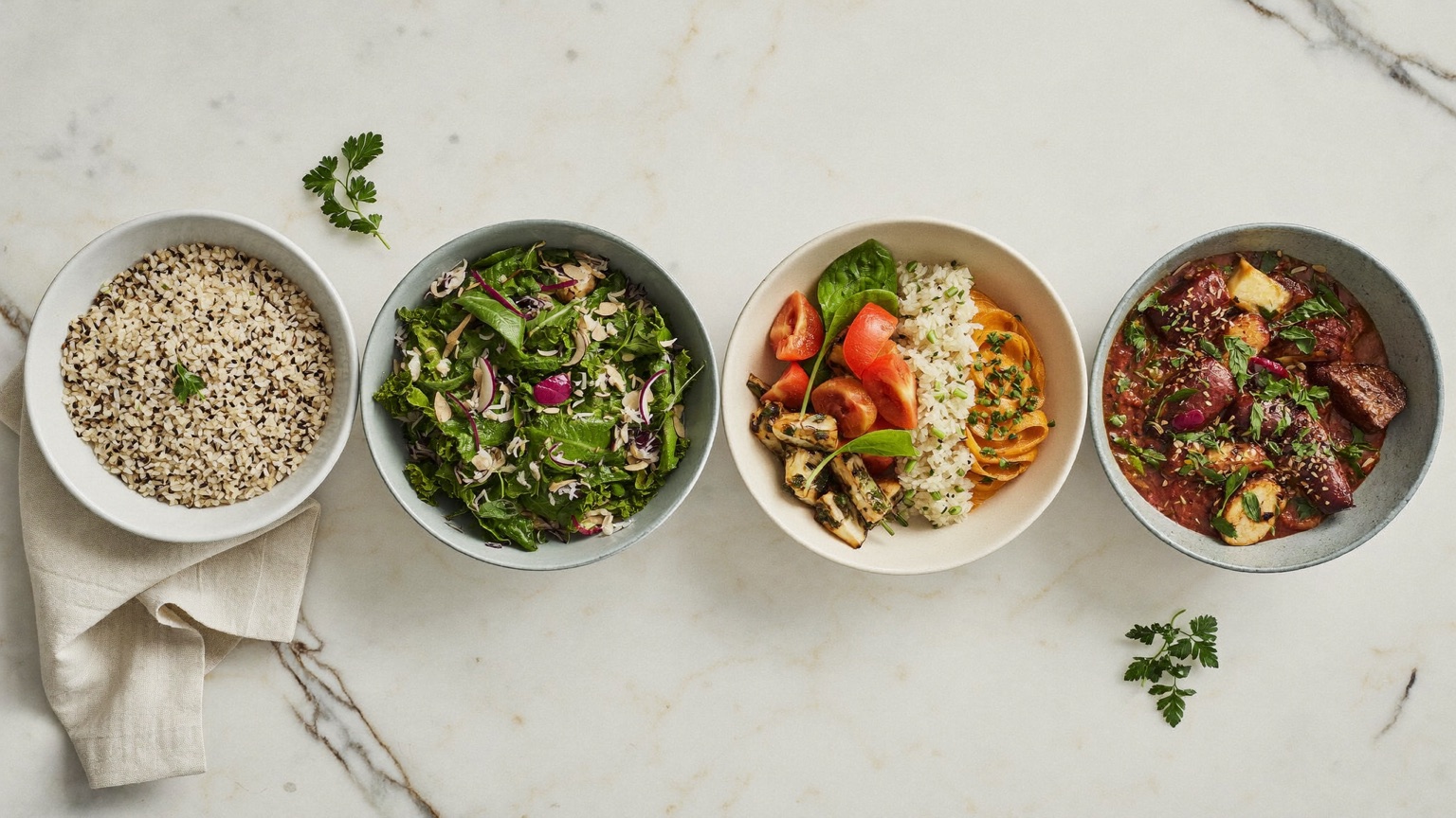 A row of distinct healthy meal bowls lined up on a kitchen counter