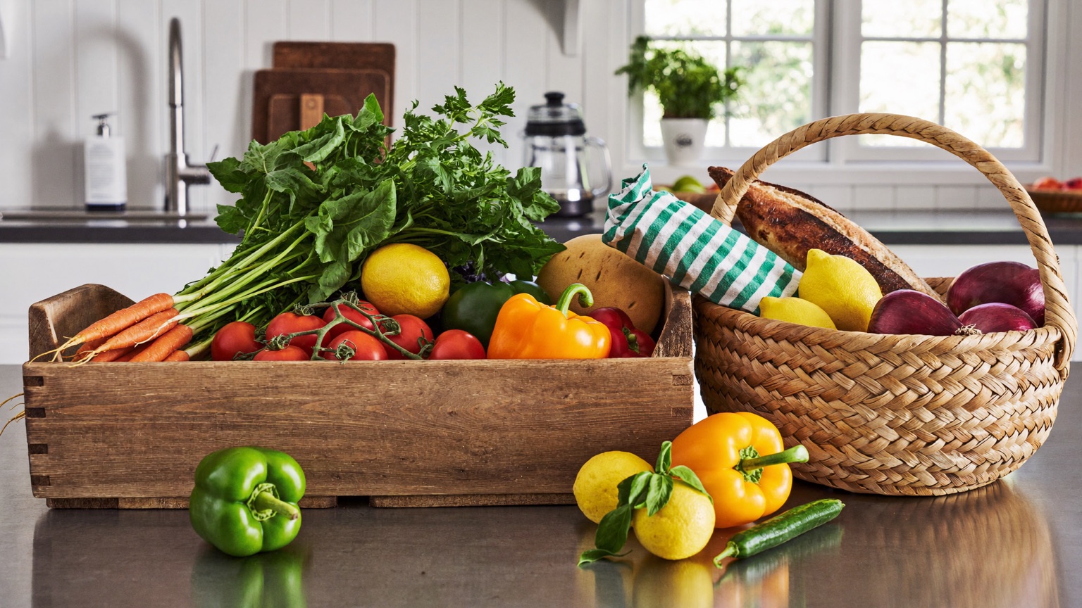 A wooden crate and wicker basket filled with fresh produce on a kitchen counter