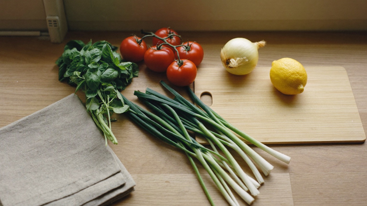 An overhead flat-lay on a light oak kitchen counter with a folded paper grocery list, vine tomatoes, a bunch of basil, a yellow onion, a lemon and a wooden cutting board in warm morning light