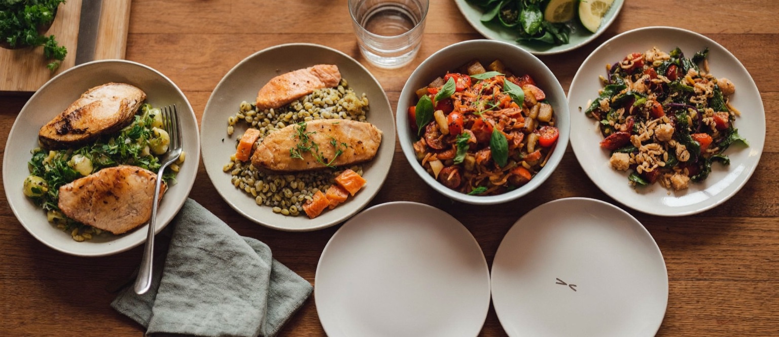 Overhead view of four home-cooked dinners on a warm oak table — chicken with greens, salmon over grains, a tomato-and-vegetable bowl, and a grain-and-greens salad — with two clean empty plates in front, a fork, and a folded sage-green linen napkin