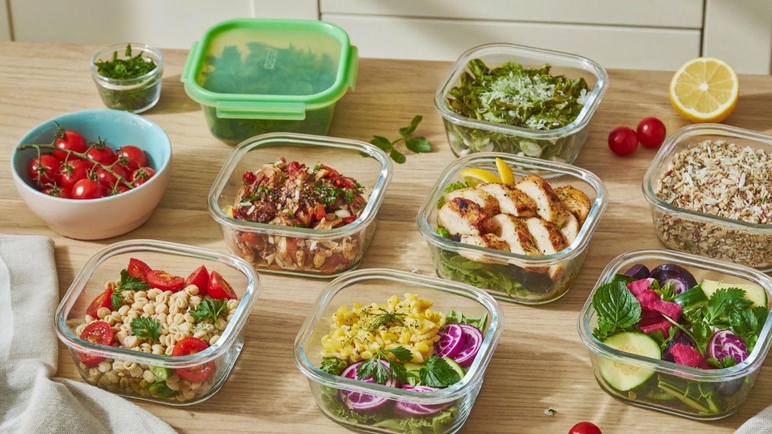 A week of planned meals in glass containers laid out on a kitchen counter