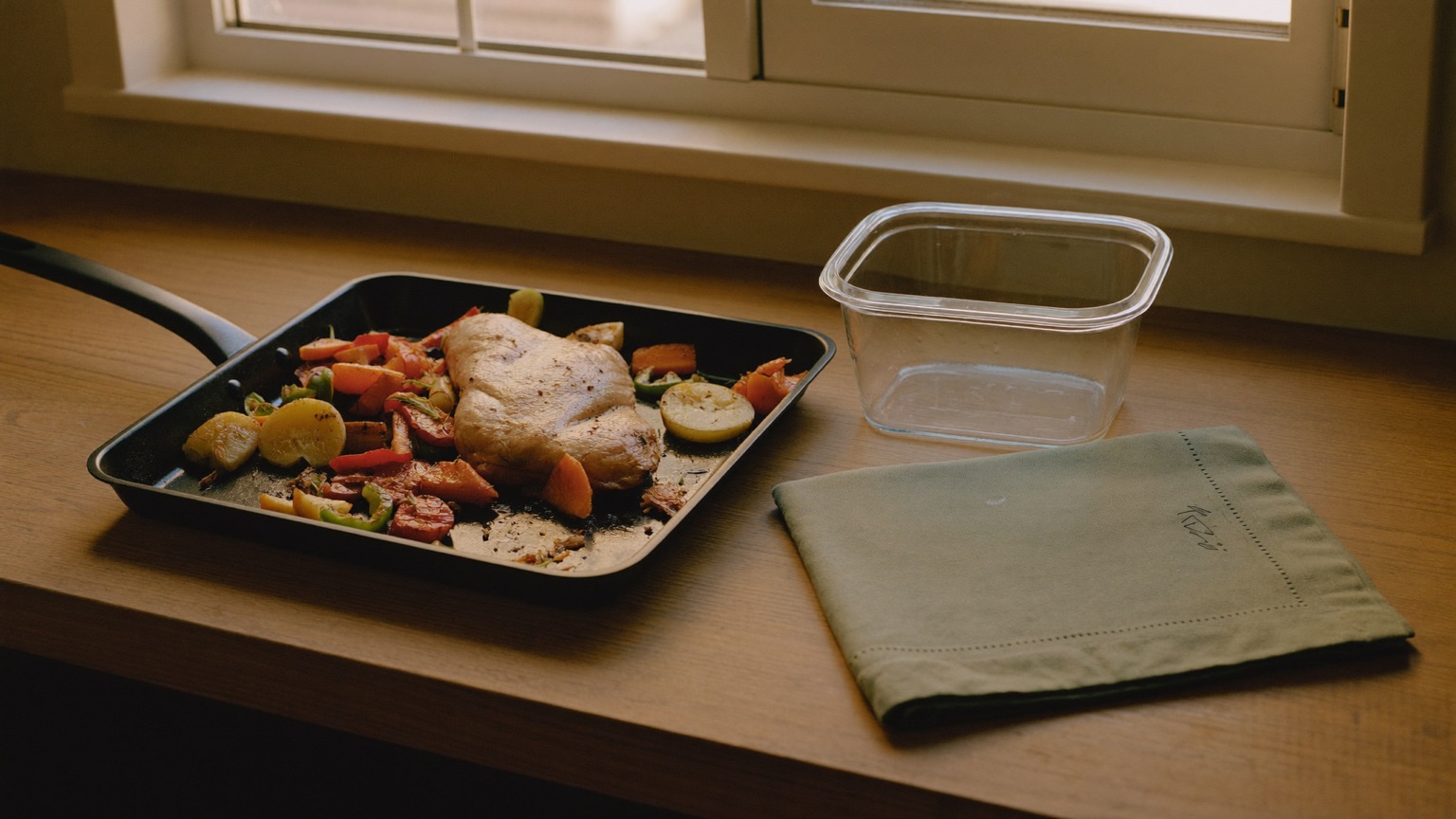 A metal sheet pan of roasted chicken, peppers, potatoes and lemon next to an empty glass meal-prep container and a folded sage-green napkin on a wooden kitchen counter by a window in soft evening light