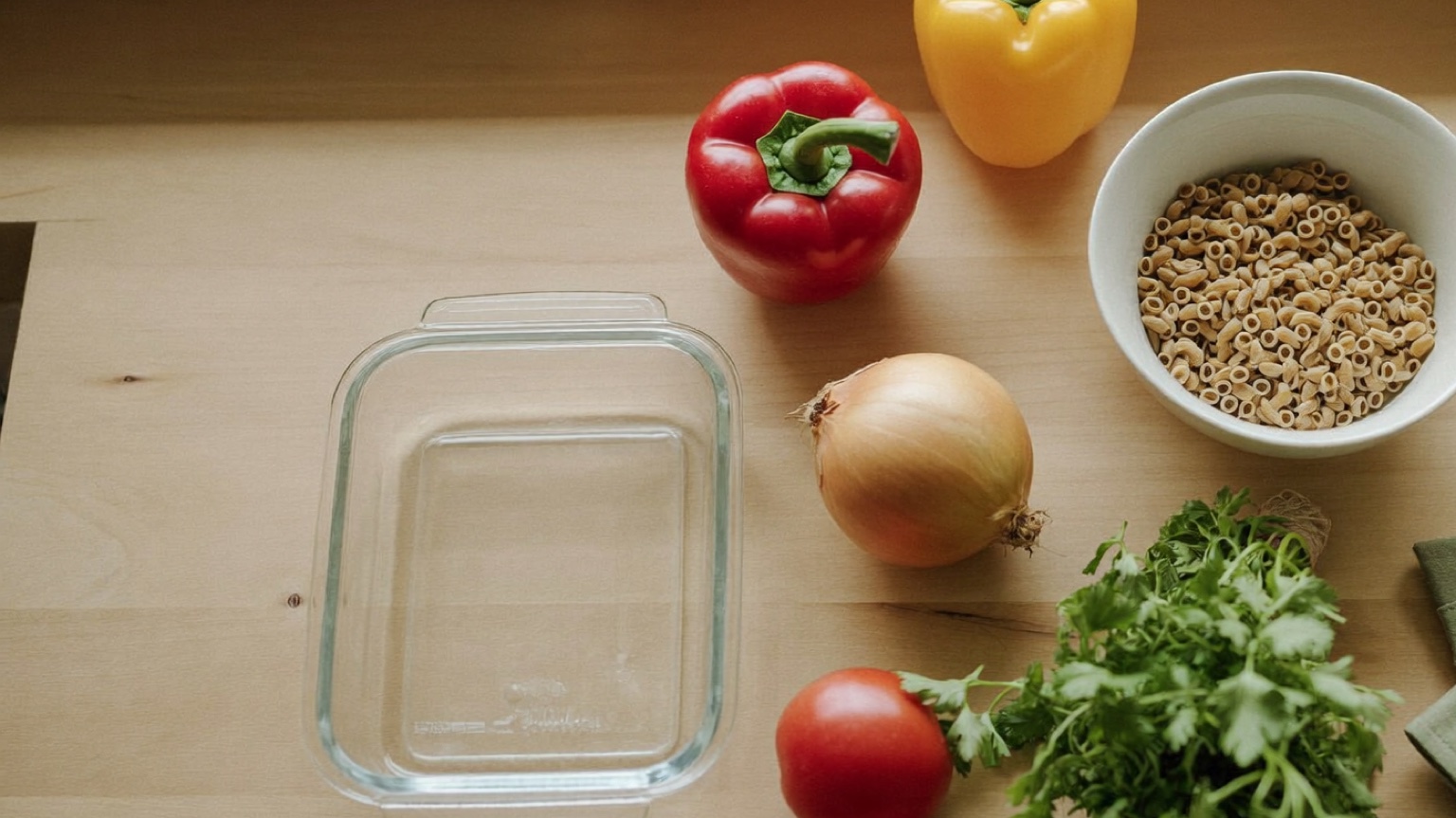 An overhead flat-lay on a warm light-wood kitchen counter — an empty glass meal-prep container, a red and a yellow bell pepper, a yellow onion, a white bowl of dry pasta, a ripe tomato, and a bunch of fresh cilantro in soft morning light