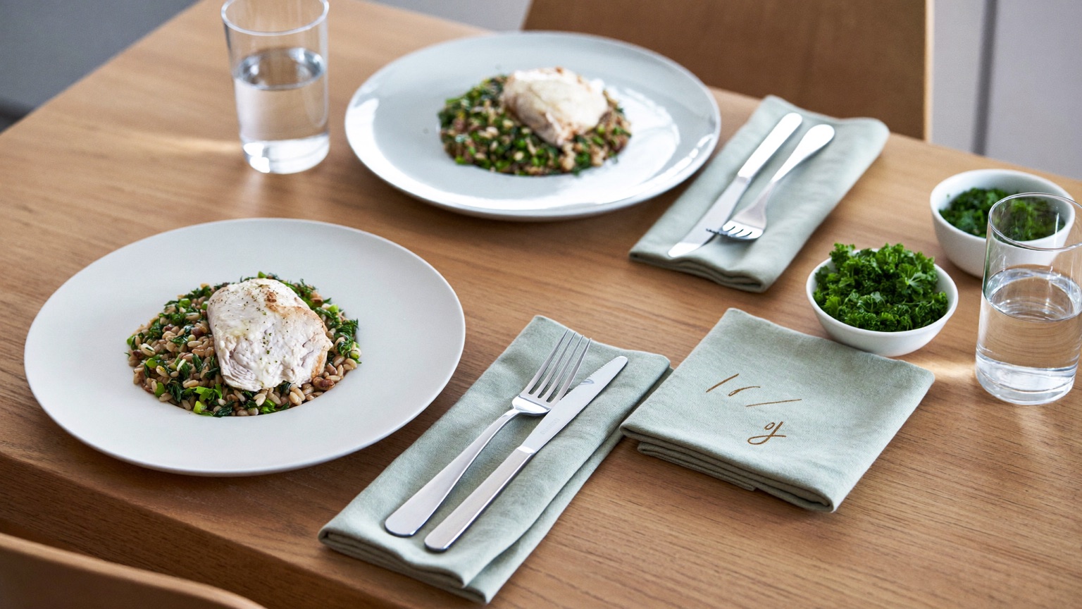 Two plated dinners of roast chicken over grain and greens set for two on a wooden table, with water glasses, a bowl of fresh herbs, and folded sage-green napkins