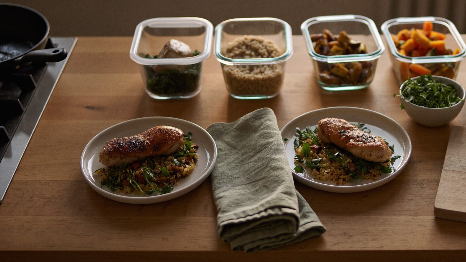 Two plated weeknight dinners of seared chicken over grains and greens on a warm wood table, with a row of prepped ingredients in glass containers, a bowl of fresh herbs, and a folded green linen napkin between the plates