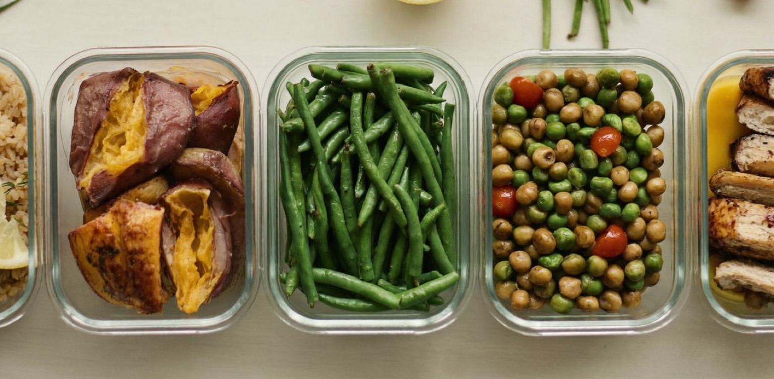 A row of five clear glass meal-prep containers on a warm off-white counter — brown rice, roasted sweet potato, green beans, chickpeas with peas and cherry tomatoes, and sliced grilled chicken — with a lemon wedge and fresh green beans beside them in soft natural light