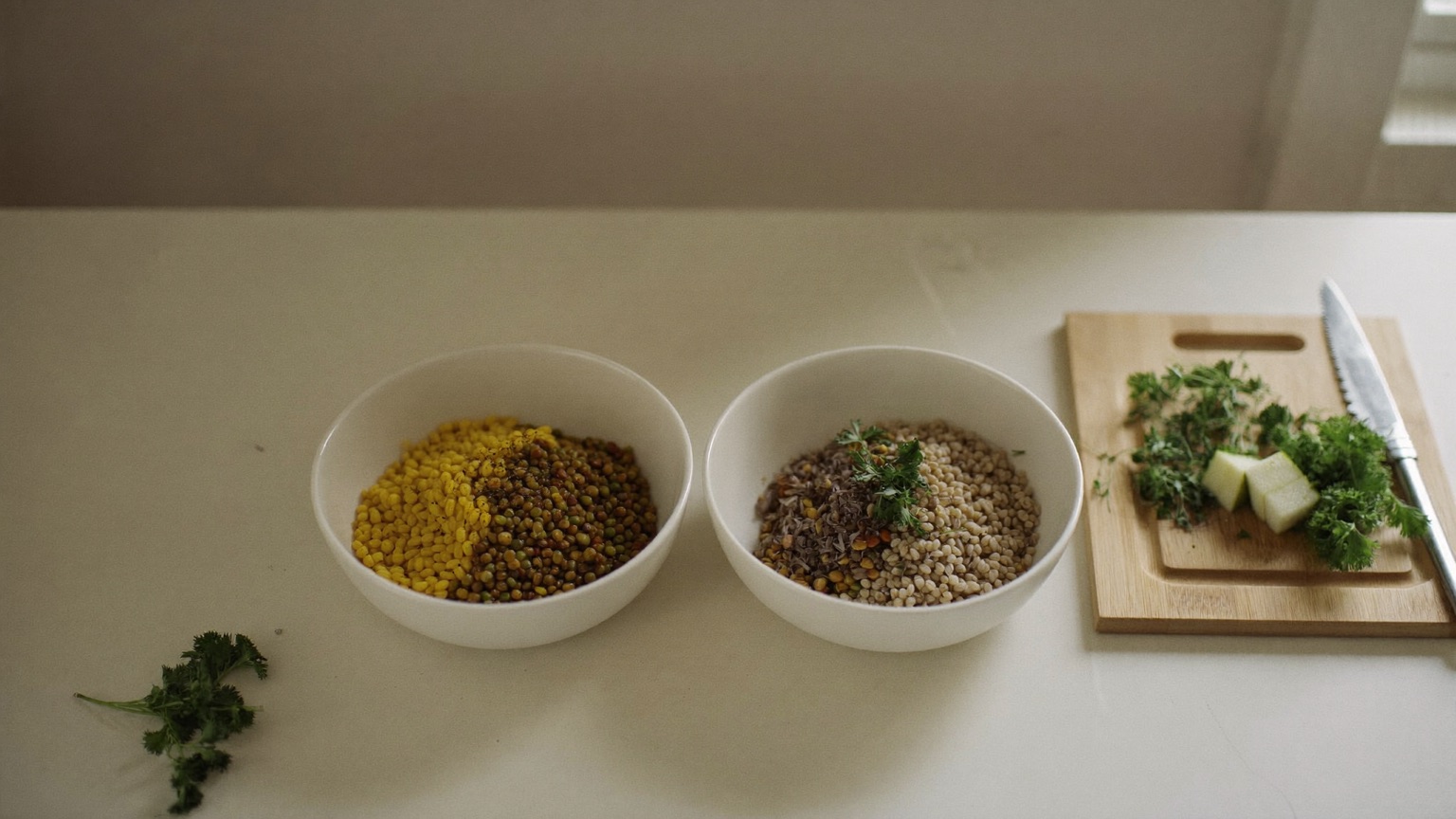 Two white bowls of grains and lentils on an off-white kitchen counter beside a wooden board with fresh herbs and a knife, in soft natural light